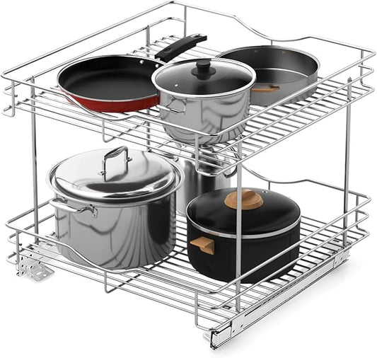 FULGENTE Chrome Finish 2 Tier (17" W X 18" D) Pull Out Drawer Cabinet Organizer Heavy Duty Slide Out Pantry Shelves Sliding Basket Storage For Home Kitchen Bathroom Under Sink Organization