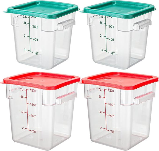 Lallisa 4 Pcs 8qt & 4qt Clear Food Storage Containers with Lids Handles and Scales, Stackable Plastic Square Food Storage Containers for Dough Proofing Baking Kitchen Restaurant(Red, Green)