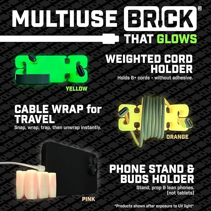 GlowBrick Stocking Stuffers for Adults Cord Management Weighted Cord Holder Cable Wrap Phone Stand - Glow-in-The-Dark Gadget Organizer for Nightstand. Gift for Men, Silicone. 2pk Glowing Yellow