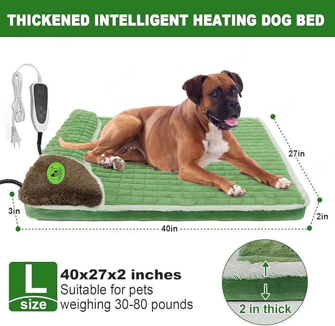 Large Heated Dog Bed 40x27x2 in,Equipped with MET/UL Dual Certified Heating Pad and Intelligent Controller,Thickened Memory Sponge+100% Plush Heated Pet Bed,Indoor Puppy Bed with Side Pillows