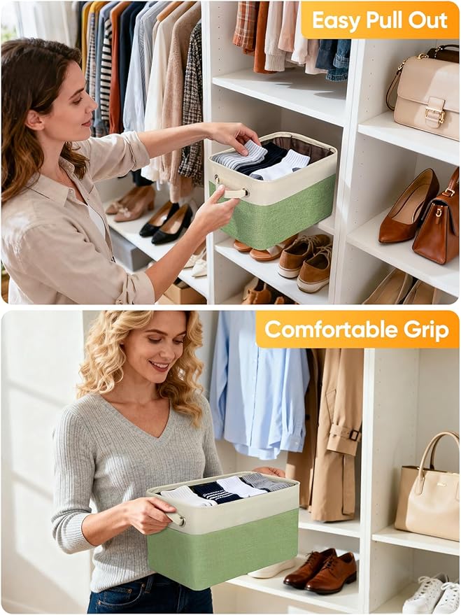 BALEINE 1 Pack Fabric Closet Storage Bins for Shelves, Linen Closet Organizers and Storage, Decorative Baskets for Organizing, Shelf, Clothes, Home, Office (Green, 12"x8"x8")