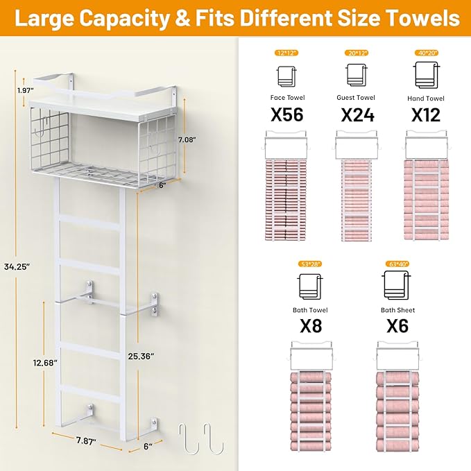 Towel Racks for Bathroom Wall Mounted, 4 tire Bath Towel Storage - with 2 Pack Towel Shelf and Floating Shelves Over Toilet, Rolled Towel Holder Shelf Organizer, Sturdy Metal & Wood, 34inch, White