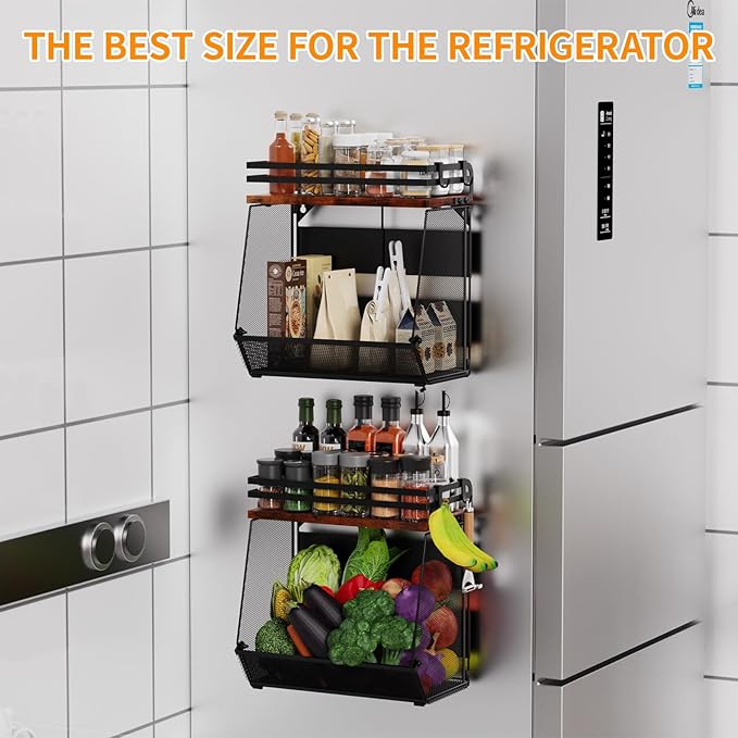 Magnetic Shelf for Fridge with Wood Lid - Magnetic Spice Rack for Refrigerator， Mesh Design Large Shelf Basket, Shelves for Kitchen Pantry Storage Organizer for Food Fruit Veg (1Pack)