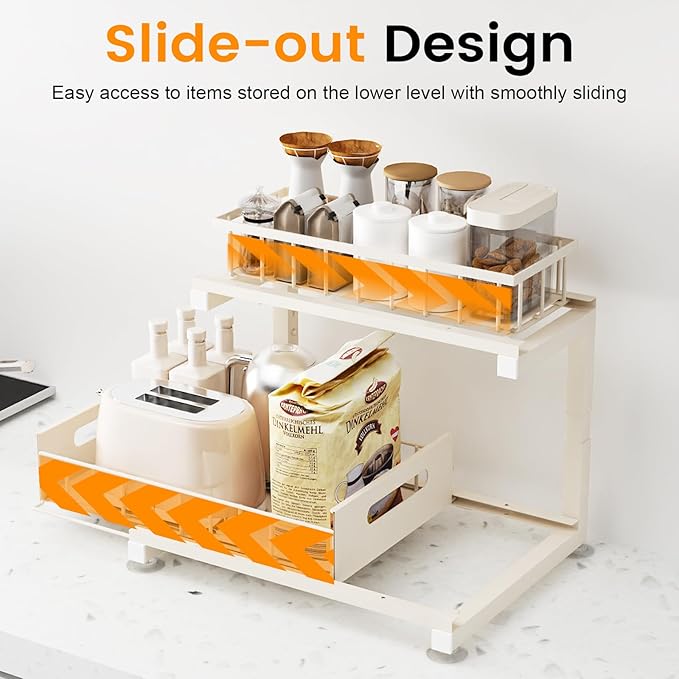 Under Sink Organizer, Heavy Duty Metal Slide Out Sink Shelf Organizer Height Adjustable, Multi-Purpose Storage Shelf for Kitchen Bathroom (Sand,2Pack)