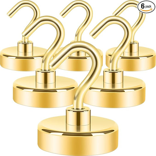 Neosmuk Magnetic Hooks,Heavy Duty Earth Magnets with Hook for Refrigerator, Extra Strong Cruise Hook for Hanging, Magnetic Hanger for Curtain, Grill(Gold, 6 Pack)