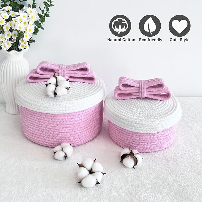 Cute Storage Baskets with Lids, Small Round Woven Rope Basket with Lid, Small Toy Box for Kids, Cat or Dog, Cute Basket for Gift, Toy or Home Decor, Chic Bow Handle (pink)