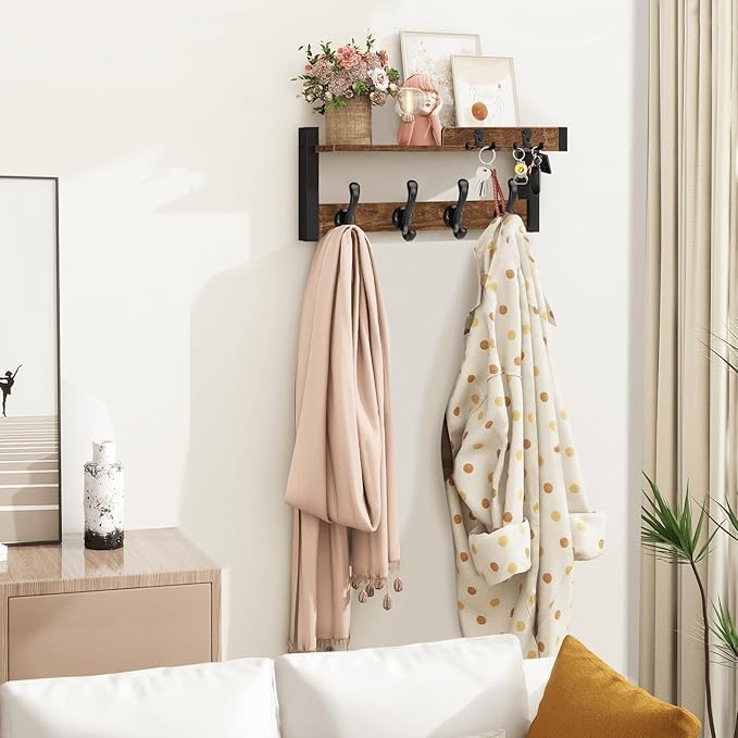 Homode Wall Mounted Coat Rack, Wood Floating Shelf with Key Holder and Mail Organizer, Entryway Wall Shelf with Hooks, Coat Hanger for Hanging Hat Towel Clothes Purse Backpack, Rustic Brown