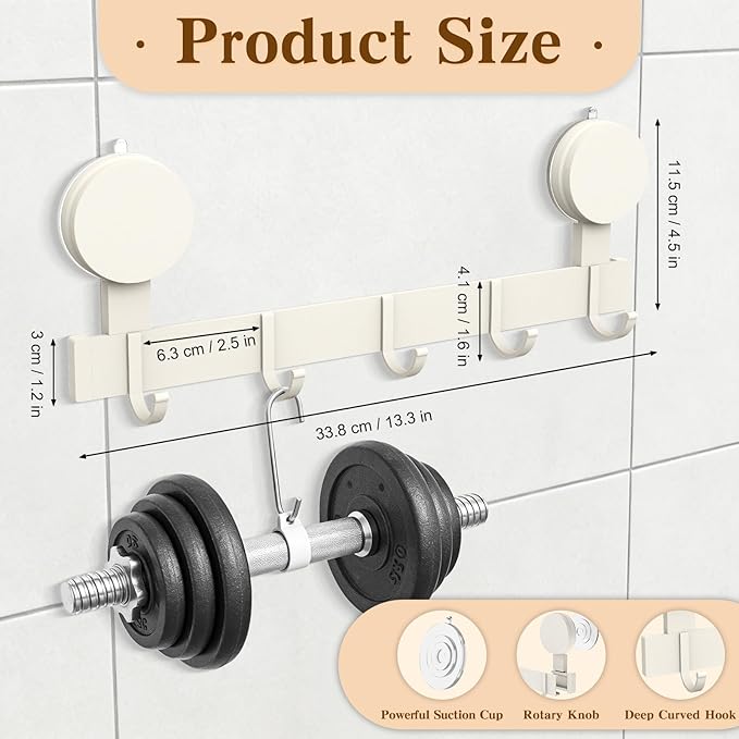 Coat Rack Walls Mount with 5 Hooks, Strong Suction Cup Hooks, Towel Rack No Drill Without Damage Wall Hanging Organizer for Bathrooms, Closets, Kitchen, Entryway(2 Pack, White)