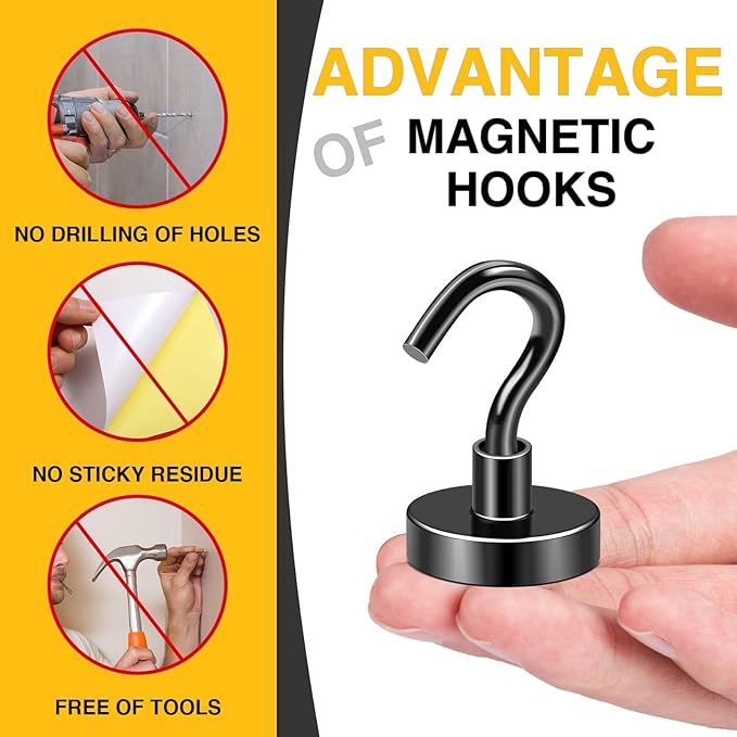 DIYMAG Magnetic Hooks,10pack Magnet Hook Essentials Strong Heavy Duty Magnetic Hooks for Hanging Kitchen Refrigerator Classroom Cruise Cabins Accessories Hooks Black