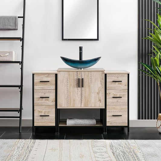 eclife 48" Bathroom Vanity Sink Combo Modern Metal Stand Cabinet W/Bottom Shelf & Storage Side Cabinets Blue Boat Vessel Sink & Water Save Faucet & Pop Up Drain, Oak (A29BU)