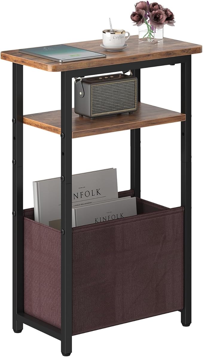 Narrow Side Table, Skinny End Tables with Fabric Basket, Small Side Tables for Small Space, 2-Tier Open Shelves with Basket, Slim Nightstands for Bedroom,Living Room,Office, Rustic Brown
