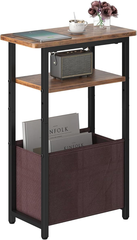 Narrow Side Table, Skinny End Tables with Fabric Basket, Small Side Tables for Small Space, 2-Tier Open Shelves with Basket, Slim Nightstands for Bedroom,Living Room,Office, Rustic Brown