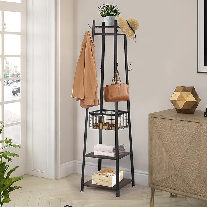 VECELO Coat Rack Freestanding,Hall Tree with Metal Basket and Storage Shelves,Industrial Coat Rack Stand with 8 Hooks for Hanging Coats/Hats/Bags/Umbrellas,18 x 18 x 72 In,Walnut Brown