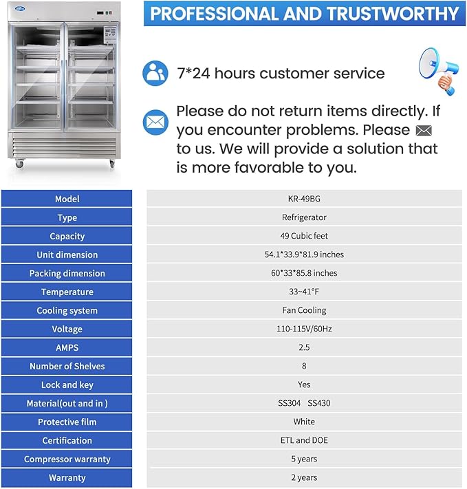 49 Cu.Ft Commercial Refrigerator, 54" Display Merchandiser, 2 Glass Door Reach-in Upright Beverage, Stainless Steel Upright Fridge Cooler with LED Lighting for Restaurant Kitchen