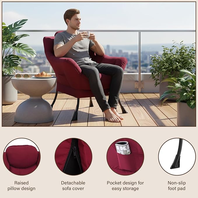 Welnow Lazy Chair for Living Room, Modern Reading Lounge Accent Chair with Armrests and a Side Pocket, Leisure Upholstered Lazy Sofa for Small Space, Bedroom, Dorm, Burgundy