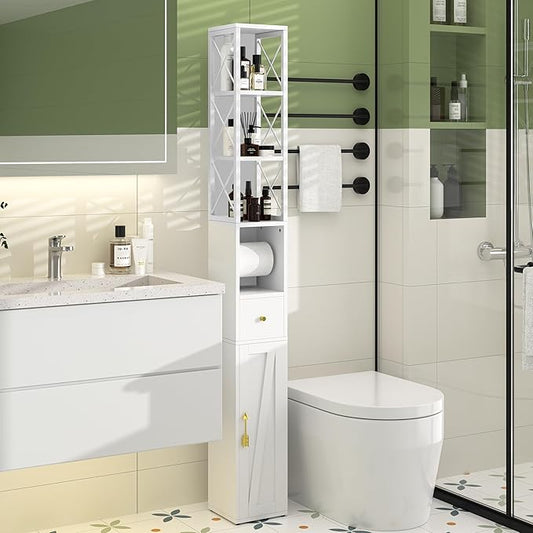 VECELO Narrow Bathroom Storage Cabinet with X-Frame Metal Design, 67" Tall Freestanding Cabinet with Toilet Paper Holder, Slim Tower Cabinet with Magnetic Door & Drawer, for Small Spaces, White