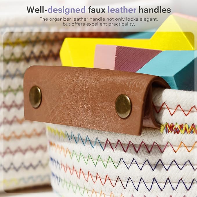 5 Piece Storage Baskets Small Woven Basket with Detachable Leather Handle, Cotton Rope Shelf Baskets for Closet Organizers, Different Sizes Basket Decor, Rainbow
