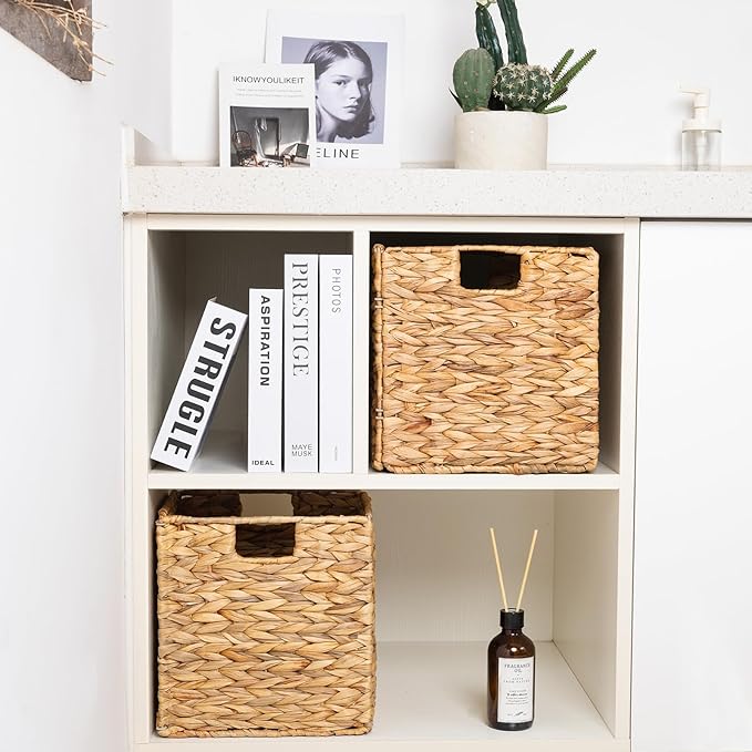 12inch Wicker Storage Cubes, Water Hyacinth Storage Baskets with Handles, Natural Foldable Square Storage Baskets for Shelves, Wardrobes, 2 Pack