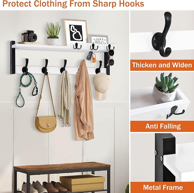 4 in 1 Coat Rack Wall Mount with Shelf, Coat Hooks 25.2" Entryway Coat Hanger with Key Hooks and Mail Holder, Wall Hooks with Shelf, Hat Rack for Wall Key Holder Mail Organizer