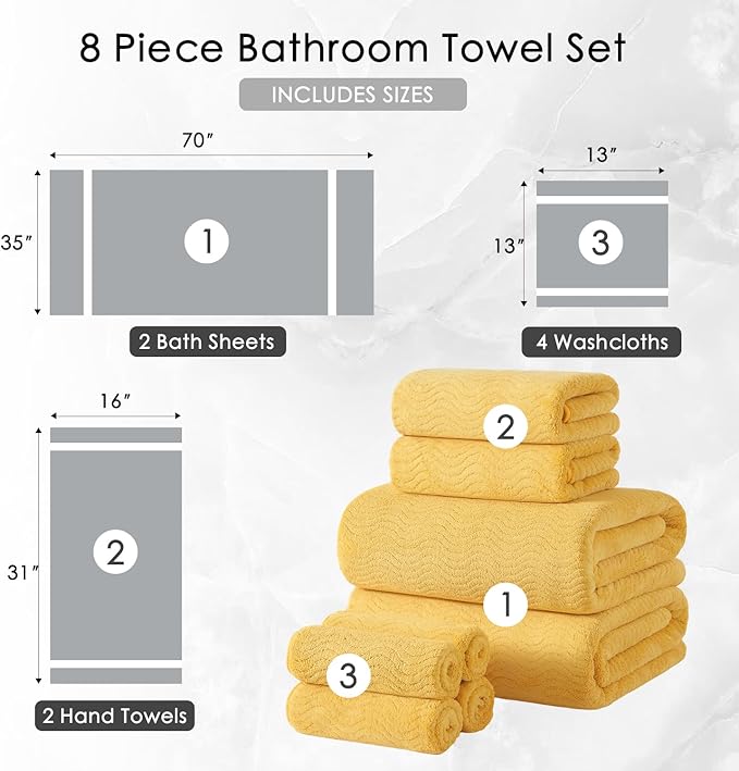 8 Piece Bath Towel Set — 2 Oversized Large Bath Sheet,2 Hand Towels,4 Washcloths — Ultra Soft Cozy Bath Towel Set for Bathroom Hotel Gym Spa,Highly Absorbent Quick Dry Bathroom Towel Collections,Yellow