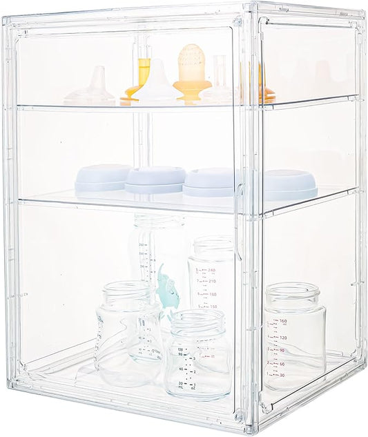 Baby Bottle Storage Organizer - 3 Tier Acrylic Storage Containers with 2 Removable Dividers, Clear Adjustable Baby Bottle Station Organizer for Countertop Cabinet, BPA-Free (3 Layer, Clear)