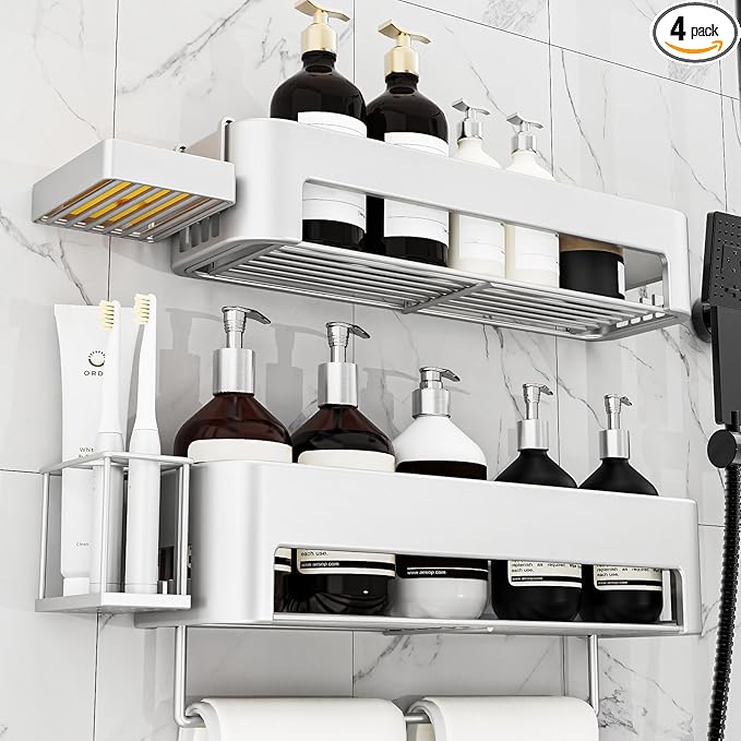 Large Shower Caddy, 4 Pack Adhesive Shower Organizer, 15.15in Large Capacity Bathroom Shelves, No Drilling for Bathroom Organizers and Storage & Home Decor & Kitchen (slive)