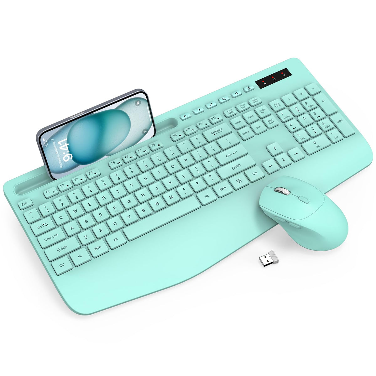 Wireless Keyboard and Mouse Combo - Full-Sized Ergonomic Keyboard with Wrist Rest, Phone Holder, Sleep Mode, Silent 2.4GHz Cordless Keyboard Mouse Combo for Computer, Laptop, PC, M