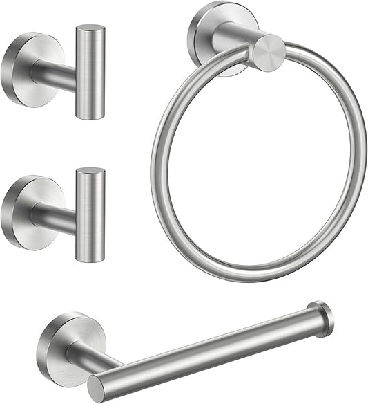 FORIOUS 4 Piece Bathroom Accessories, SUS304 Stainless Steel Toilet Paper Holder, Towel Ring and 2 Towel Hooks, Wall Mounted Bathroom Hardware Set (Brushed Nickel)