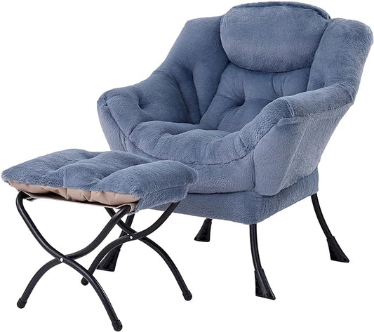Welnow Lazy Chair with Ottoman, Modern Lounge Accent Chair with Armrests and a Side Pocket, Leisure Sofa Armchair Set, Reading Armchair with Footrest for Small Space, Plush Light Blue