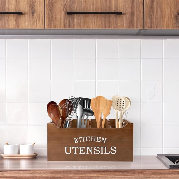 Kitchen Utensil Holder with Drainage Bottom, Extra Large 4 Compartments Solid Real Wood Utensil Organizer for Kitchen Counter, Farmhouse Cooking Tools Storage for Countertop, Brown