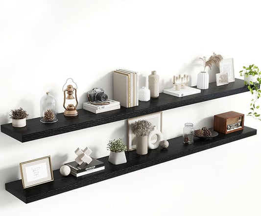 72 Inch Floating Shelves, 8 Inch Deep Floating Shelves for Wall, Hanging Shelf with Invisible Brackets, Deep Shelves for Bathroom, Bedroom, Living Room, Black, Set of 2
