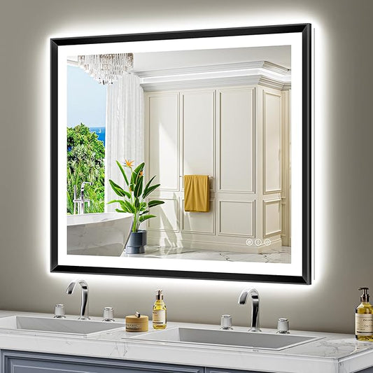 44x36 Black Framed LED Bathroom Mirror with Lights, Backlit and Front Light, Lighted Bathroom Vanity Mirror for Wall Dimmable Anti-Fog Memory Tempered Glass Horizontal/Vertical