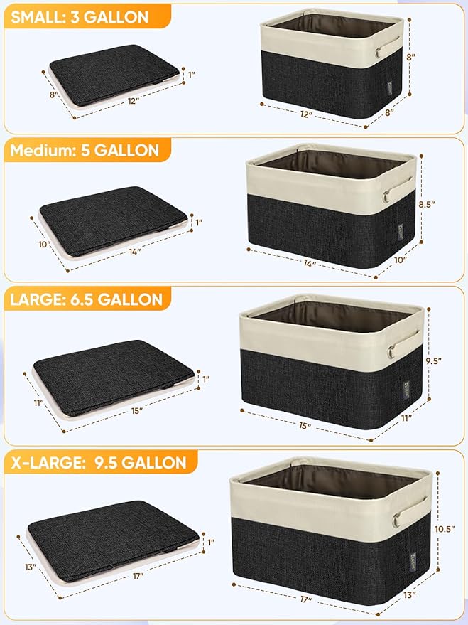 BALEINE 4 Pack Fabric Closet Storage Bins for Shelves, Linen Closet Organizers and Storage, Decorative Baskets for Organizing, Shelf, Clothes, Home, Office (Black, 14''x10''x8.5'')
