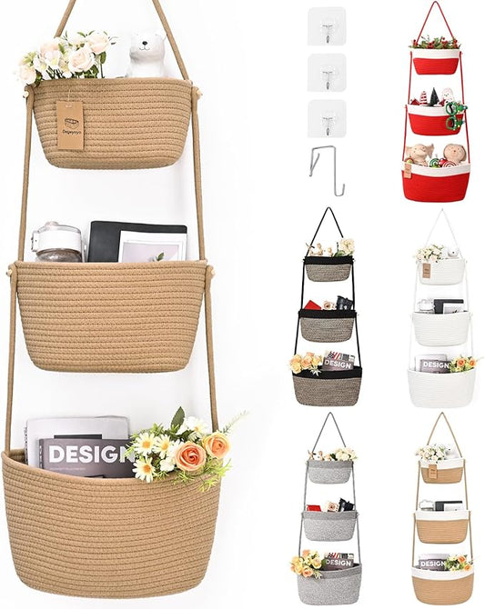 Hanging Storage Baskets, Over the Door Basket, Cotton Wall Baskets Storage, Hanging Door Basket with 4 Hooks