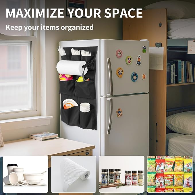 WOMACO Mini Fridge Organizer, Strong Adhesive Dorm Refrigerator Caddy, Heavy Duty College Dorm Fridge Storage Caddy – Apartment, Kitchen and Door Organization (Black, 1 pack)