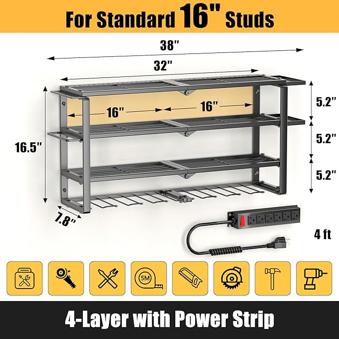 420LB Capacity Power Tool Organizer with Charging Station & 6 Outlets | Quick Assembly 4-Layer Heavy Duty Rack for Drills & Batteries | Ultimate Garage Storage & Christmas Gift for Men