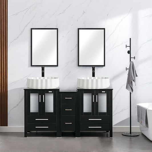 eclife 60" Modern Bathroom Vanity Sink Combo Freestanding Cabinet with Small Side Cabinet, White Shell Ceramic Vessel Sink, Water Save Faucet, Drain (Black+T54)