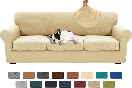 XINEAGE 2025 New 4 Pieces Extra Large Couch Covers for 3 Cushion Sofa Super Stretch Sofa Cover for 3 Large Seat Cushion Universal Fitted Slip Cover for Living Room (Beige), 91"-110"(3 Cushions)