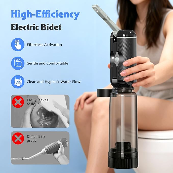 Portable Bidet for Travel,IPX6 Waterproof Electric Travel Bidet Sprayer with Two Water Bottles, Rechargeable High Pressure Handheld Bidets Perfect for Personal Hygiene Cleaning