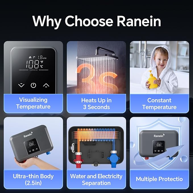 Gen II Ranein Electric Tankless Water Heater Ultra Edition, 4.5 kW, 110v, On Demand Instant Endless Water Heater with LED Display, Point of Use, Compact Under-sink Design for Bathroom and Kithcen