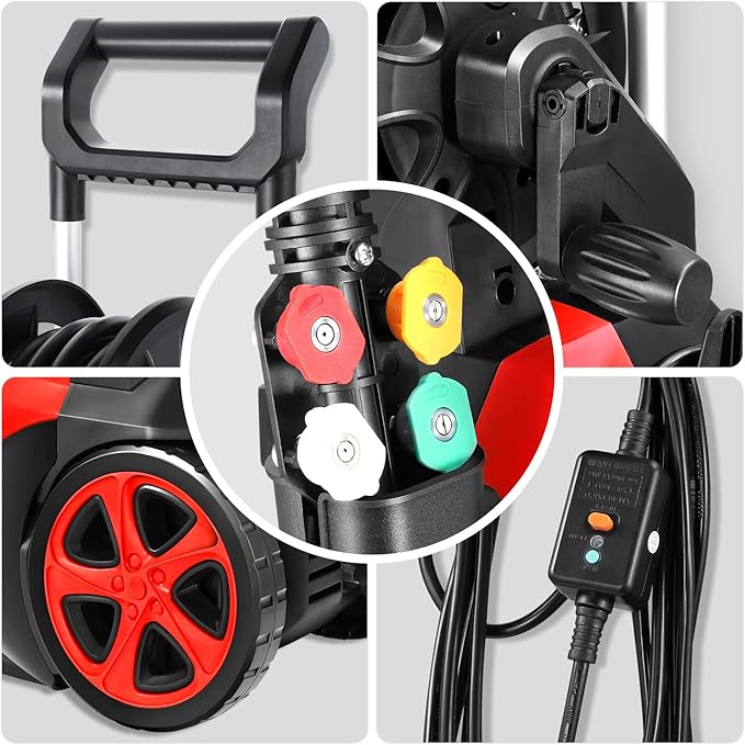 DNA Motoring TOOLS-00229 Up to 2176 PSI Pressure 2.4 GPM Max Flow Electric Pressure Washer for Yard and Car Cleaning with Spray Nozzle Foam Bottle + 4 Turbo Nozzles IPX5 Driveway Patio Deck(Red)