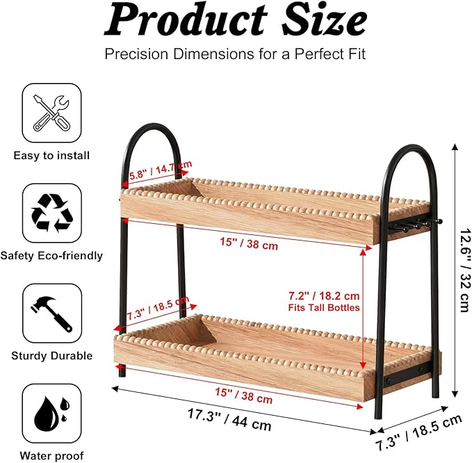 2-Tier Large & Medium Perfume Organizer with 8 Hooks for Jewelry, Bathroom Countertop & Vanity Tray Makeup Shelf - Space Saving Wooden Storage for Skincare, Dresser, Kitchen Decor(Black & Light Brown)