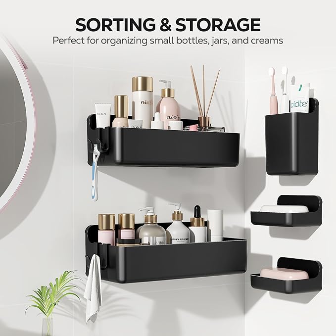 Shower Shelves 5 Pack — Adhesive Shower Wall Shelf Organizer for Bathroom Organization, Black