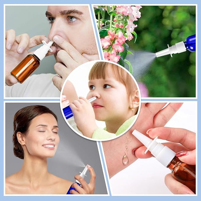 10 Pcs Nasal Spray Bottle, 1OZ/30ML Blue Brown Glass Empty Nasal Spray Bottles Refillable with 2Pcs Funnels and 2Pcs Labels