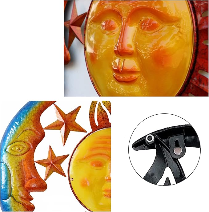 Large 19 Inch Metal Sun Moon Star Wall Art Decor, Bright Color Inspirational Celestial Decor, Resistant to Rust Metal Sculpture Hanging for Indoor Outdoor Home Living Room Office Yard Garden