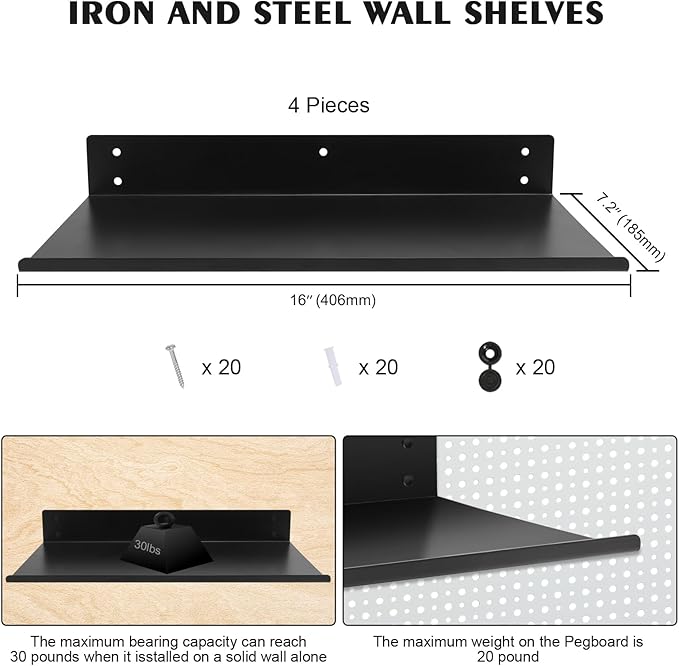 Heavy Duty Pegboard Steel Shelves,Can Be Used for Walls or Pegboards,Floating Steel Shelves for Wall,Pegboard Shelf,Suitable for Bathroom,Bedroom,Kitchen and Garage,16 x 7 inch(4 Packs Black)
