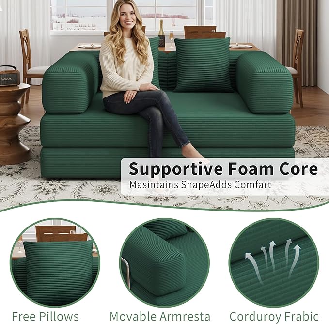 Folding Sofa Bed Convertible Corduroy Couch Queen Size Floor Sleeper 4-in-1 DIY Combination Modular Lazy Sofas Fold Futon Lounge for Living Room (Green, 53.15" Double Sofa)