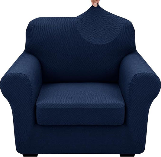 XINEAGE 2025 New 2 Pieces Chair Covers with Arms Super Stretch Chair Slipcover for Living Room Pet Dog Universal Slip Cover Anti Slip Armchair Furniture Protector (Navy Blue), 31"-46"(1 Cushion)