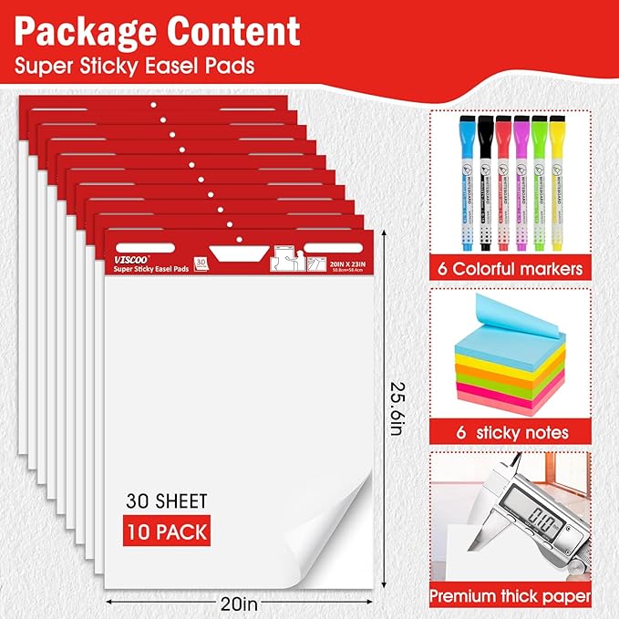 Thickened Sticky Easel Pad, 20 x 23 Inches Large Chart Paper for Teachers, Self Stick Easel Paper for White Board, White Anchor Chart Paper, with Sticky Note, 300 Sheets/10 Pads