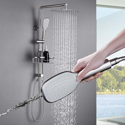 SonTiy Rain Shower Head with Handheld Spray and Shower Shelf, All Metal Shower System Kit with Hand Shower, Height Adjustable Holder and Brass Diverter for Whole Family, 1.8GPM,Brushed Nickel